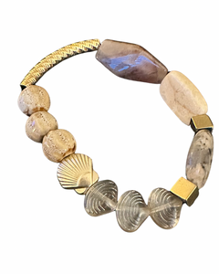 Beige coloured gemstones & gold shell bead with gold textured tube bead bracelet 