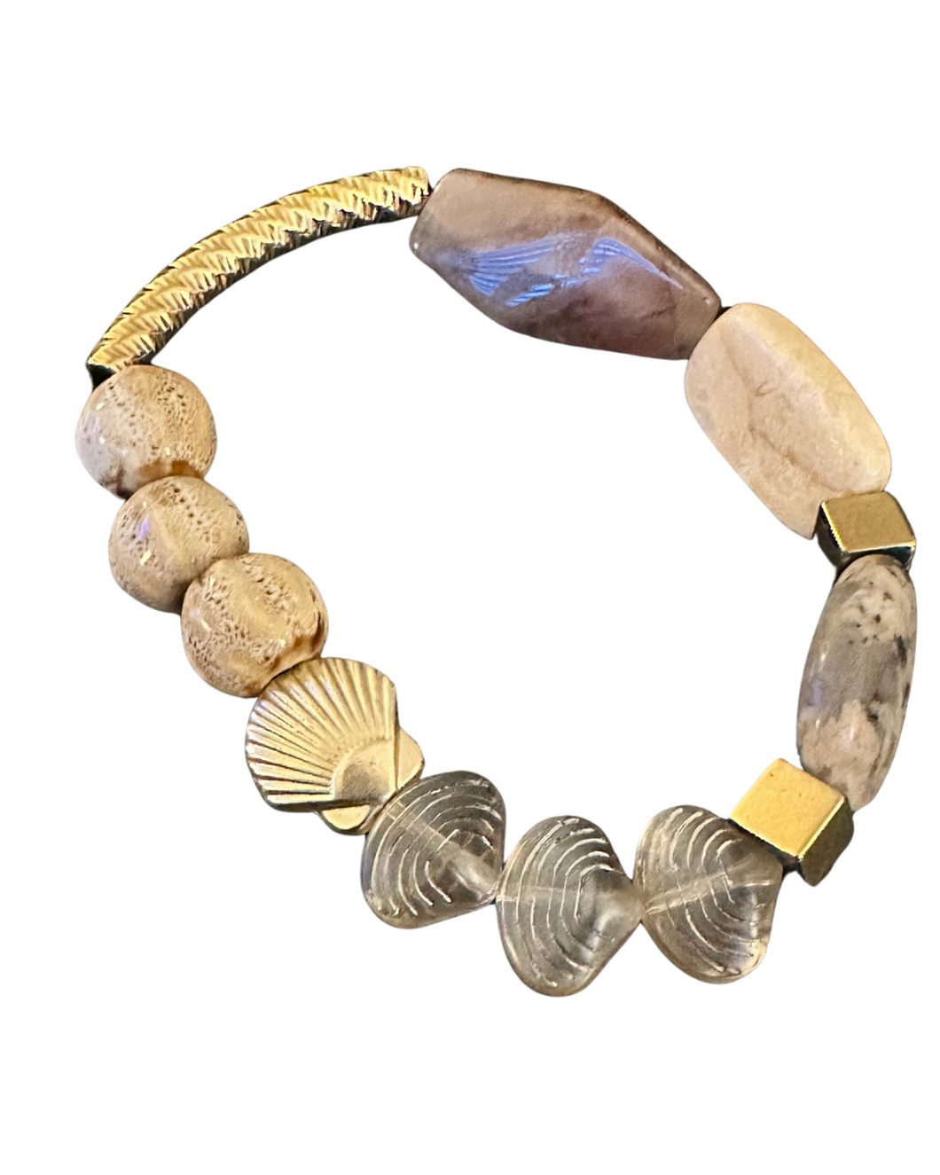 Beige coloured gemstones & gold shell bead with gold textured tube bead bracelet 