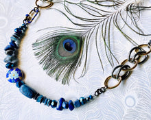 Load image into Gallery viewer, Blue Cloisonné feature bead with flower pattern, Lapis Lazuli gemstones &amp; blue Czech crystal beads on a gunmetal &amp; gold handcrafted adjustable statement chain 