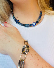 Load image into Gallery viewer, Blue Cloisonné feature bead with flower pattern, Lapis Lazuli gemstones &amp; blue Czech crystal beads on a gunmetal &amp; gold handcrafted adjustable statement chain with removable  bracelet 