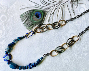Blue Cloisonné feature bead with flower pattern, Lapis Lazuli gemstones & blue Czech crystal beads on a gunmetal & gold handcrafted adjustable statement chain 