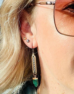 Gold plated loops with sterling silver chain centre, gunmetal loops & ear hooks with Malachite style pointed feature stones on model ear with sunglasses