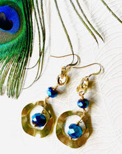 Load image into Gallery viewer, Bright blue Czech crystal beads Earrings with textured gold toned metal wavy circle &amp; gold filled ear hooks with peacock feather