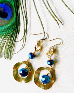 Bright blue Czech crystal beads Earrings with textured gold toned metal wavy circle & gold filled ear hooks with peacock feather