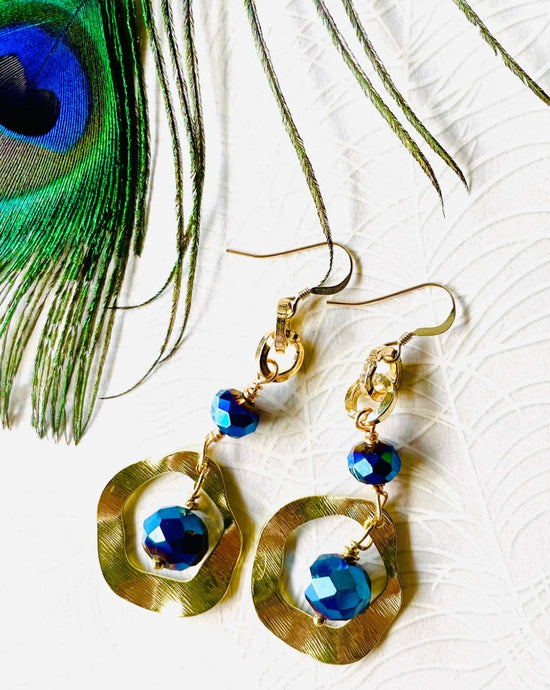 Bright blue Czech crystal beads Earrings with textured gold toned metal wavy circle & gold filled ear hooks with peacock feather