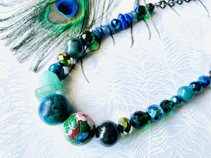 Green Cloissonne & crysocolla with blue & green crystal necklace 