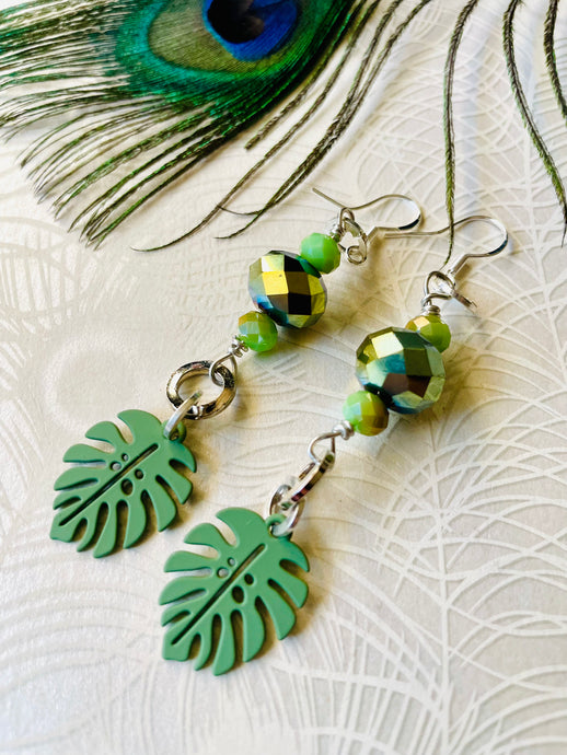 olive-green-monstera-leaf=earring-with olive green-iridescent-crystal -earrings-with-silver-ear-hooks