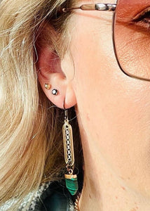 Gold plated loops with sterling silver chain centre, gunmetal loops & ear hooks with Malachite style pointed feature stones on model ear with sunglasses