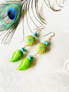 Green Enamel Leaf Cloisonné & Turquoise Earring