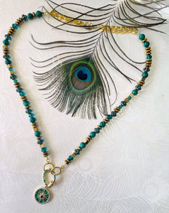 Green Malachite  necklace with 18ct gold plated crystal embellished pendant on white background with peacock feather
