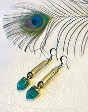 Load image into Gallery viewer, Gold plated loops with sterling silver chain centre, gunmetal loops &amp; ear hooks with Malachite style pointed feature stones on white background with peacock feather