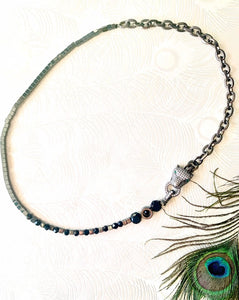 Black toned pave' crystal embellished panther with green crystal eyes. Hematite Stone beads & Czech crystal beaded necklace with gunmetal chain against a peacock feather background
