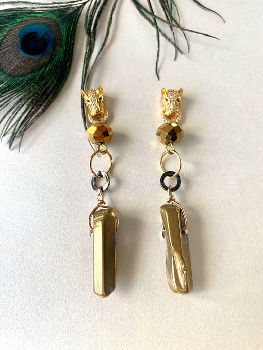 Panther with Gold Raw Quartz Crystal  Earrings