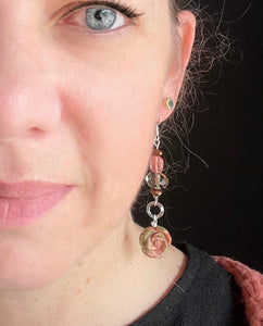 Unakite carved rose, cherry quartz & smoky quartz crystal earring