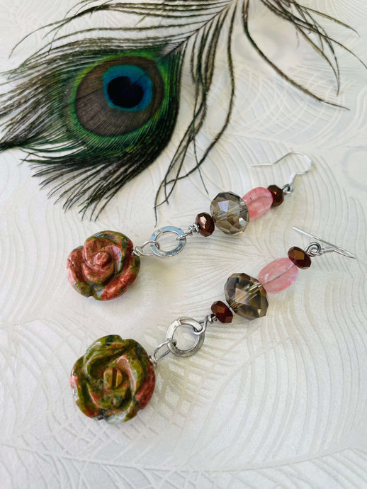 Unakite carved rose, cherry quartz & smoky quartz crystal earring