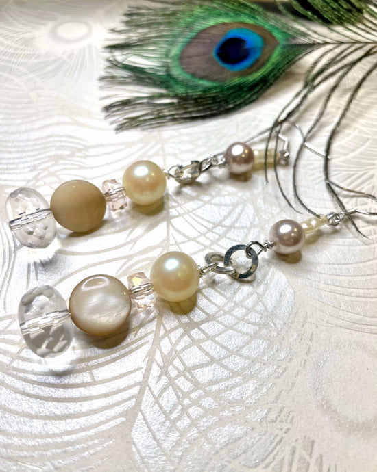 Long earrings with Faceted clear quartz & pink crystal with pink & champagne toned Swarovski pearl  & freshwater pearl beads on sterling silver hooks