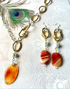 Orange Carnelian & white Pearl gold & silver earring