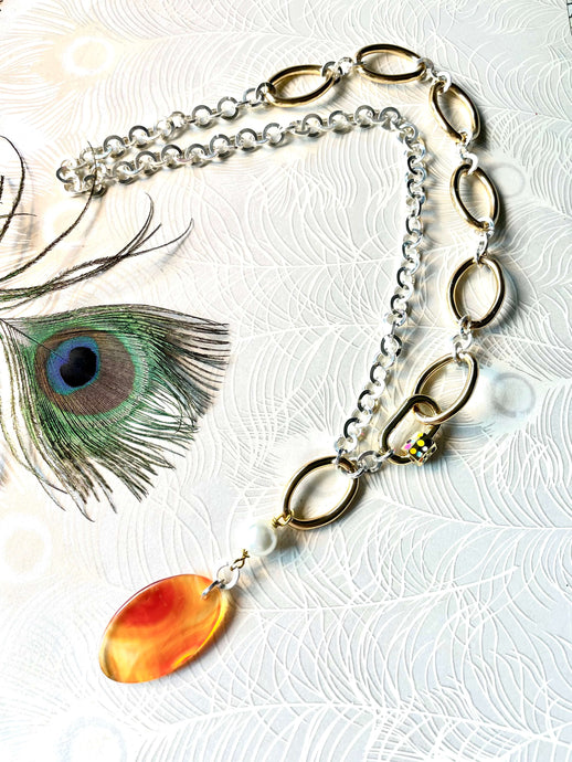 Carnelian Pendant with Swarovski Pearl & Handmade Chain Necklace