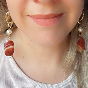 Orange Carnelian & white Pearl gold & silver earring