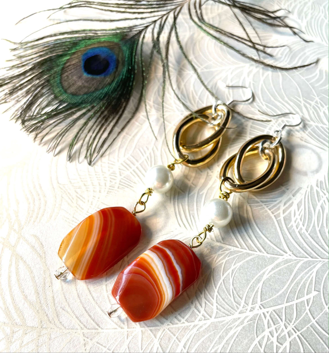 Orange Carnelian & white Pearl gold & silver earring