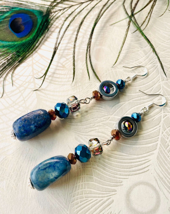 Blue lapis lazuli & hematite gem with iridescent blue & bronze crystal statement earrings  with sterling silver hooks ﻿on peacock feather background