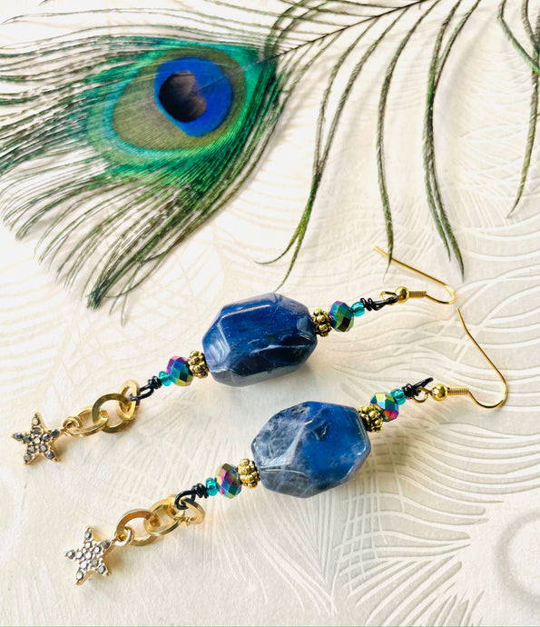 Lapis Lazuli Blue Crystal & Miniature Star Earrings