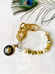 Gold Freshwater Pearl Bracelet with Black Starburst Charm