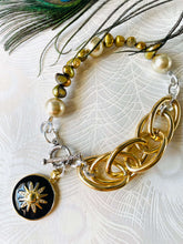 Load image into Gallery viewer, Gold Freshwater Pearl Bracelet with Black Starburst Charm