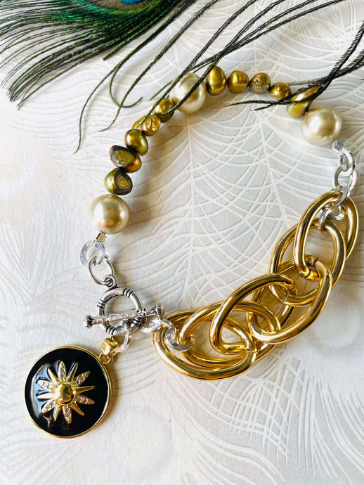 Gold Freshwater Pearl Bracelet with Black Starburst Charm