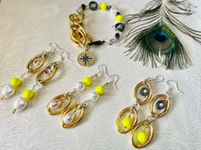 Load image into Gallery viewer, Neon Yellow Pearls with Mixed Metal Earring