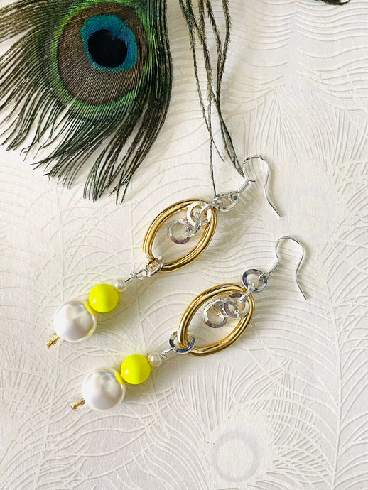 Neon Yellow Pearls with Mixed Metal Earring