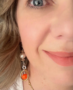 Neon Orange Swarovski Crystal & Pearl with Mixed Metal Earring