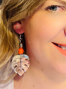 Silver Monstera Leaf with Bright Orange Neon Swarovski Crystal & Hematite Earrings with