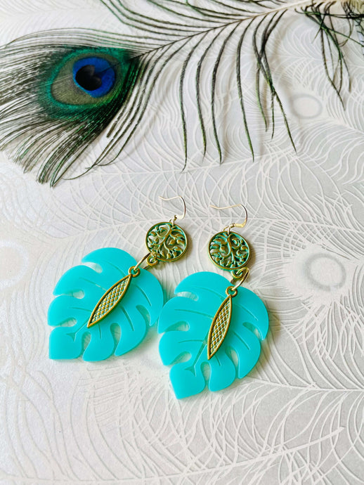 Turquoise Monstera Leaf Earrings with Gold Charms