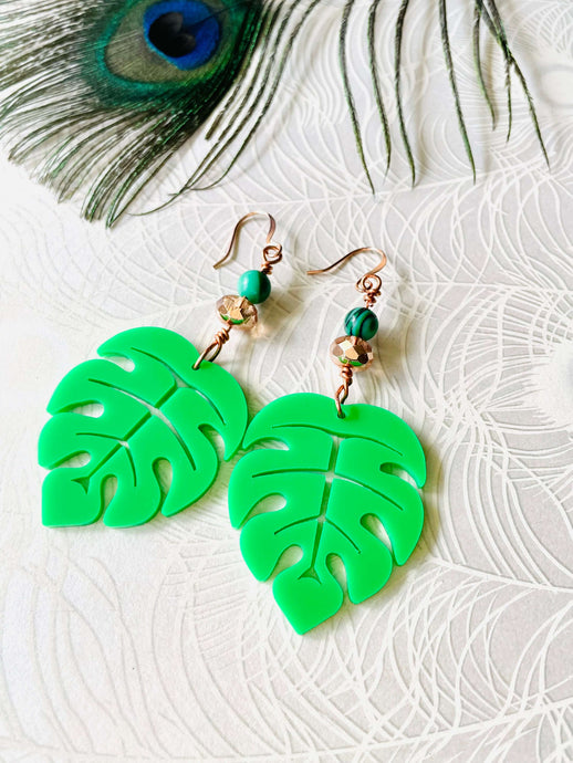 Green Monstera Leaf Earrings with Rose Gold Crystal