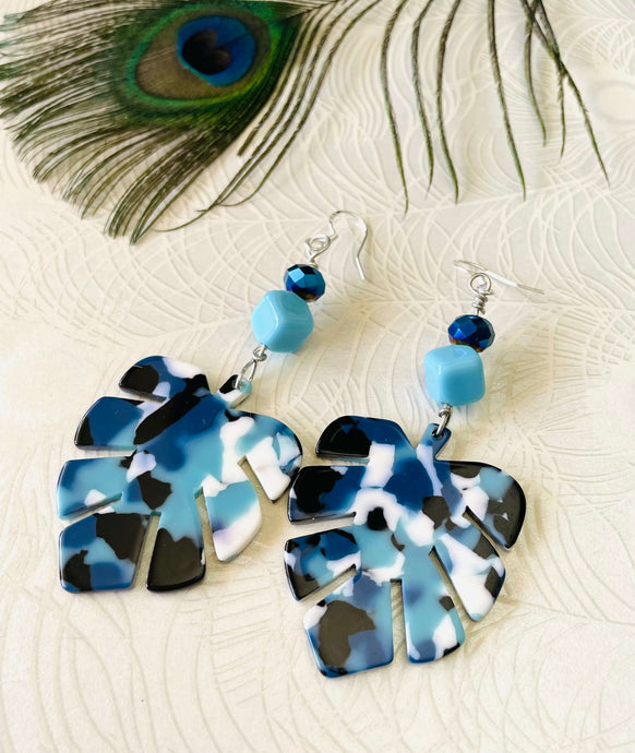 Turquoise Abstract Monstera Leaf Earrings with Crystal