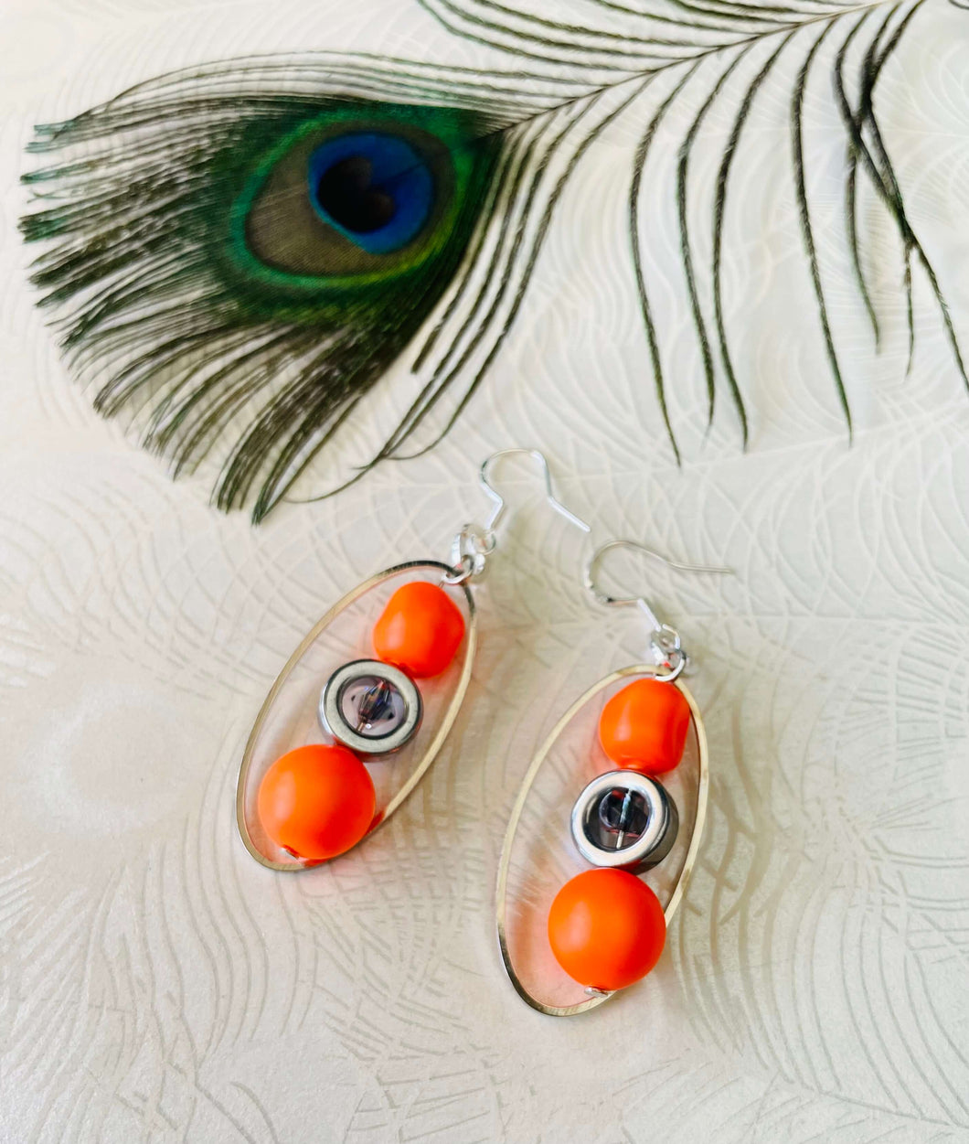 Neon Orange Crystal & Hematite Earring