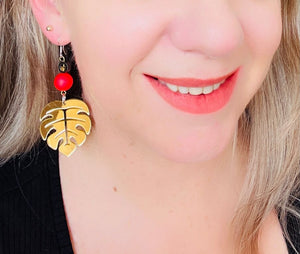 Gold Monstera Leaf With Hot Pink Neon Swarovski Crystal & Hematite Earrings