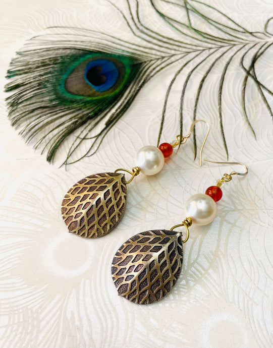 Bronze Leaf Earring with Swarovski Pearl & Carnelian