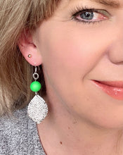 Load image into Gallery viewer, Neon Green Crystal Earring with silver leaf