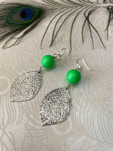 Load image into Gallery viewer, Neon Green Crystal Earring with silver leaf