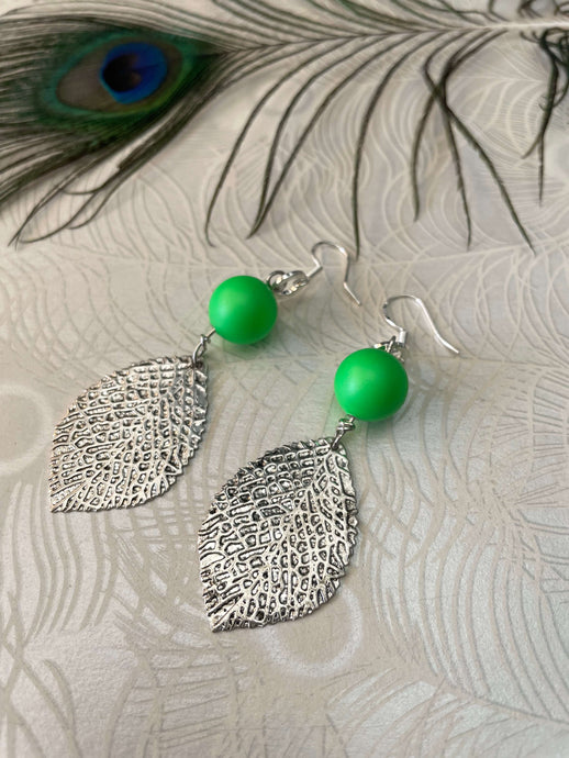 Neon Green Crystal Earring with silver leaf