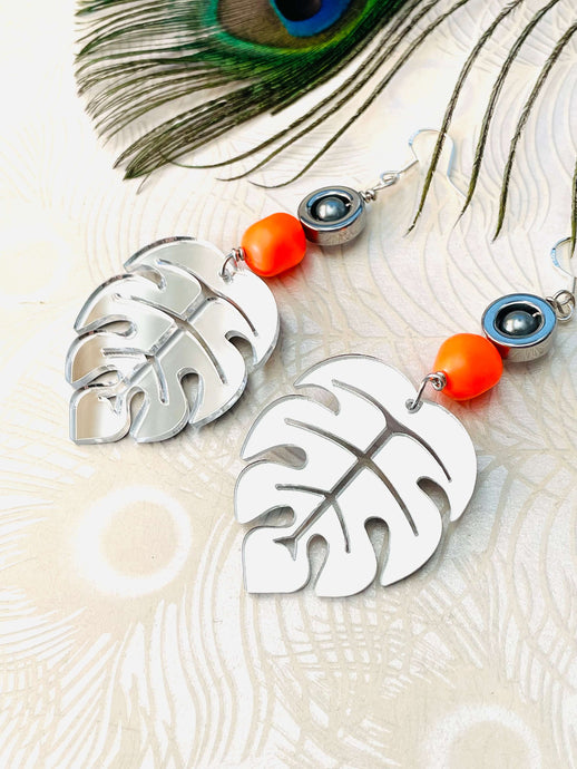 Silver Monstera Leaf with Bright Orange Neon Swarovski Crystal & Hematite Earrings with