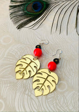 Load image into Gallery viewer, Gold Monstera Leaf With Hot Pink Neon Swarovski Crystal &amp; Hematite Earrings