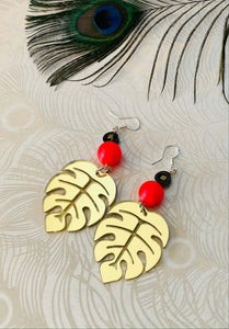 Gold Monstera Leaf With Hot Pink Neon Swarovski Crystal & Hematite Earrings