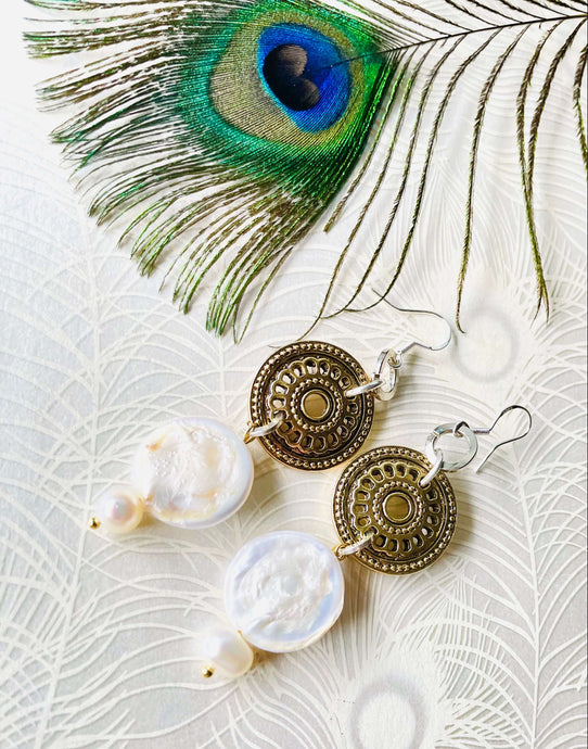 Small-Freshwater-pearl-with-large-keshi-pearl-and-gold-patterned-disc-earrings-with-peacock-feather