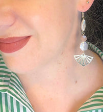 Load image into Gallery viewer, Genuine Keshi Pearl Earrings with peach moonstone &amp; small gold metal fan charm on gold filled ear hooks with green and white striped shirt and red lips