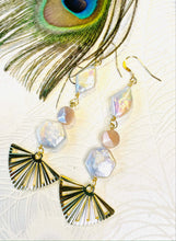 Load image into Gallery viewer, Diamond &amp; hexagon shaped keshi pearls with peach moonstone gold fan&amp; gold hook earrings next tp peacock feather