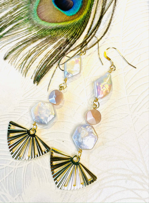 Diamond & hexagon shaped keshi pearls with peach moonstone gold fan& gold hook earrings next tp peacock feather