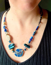 Load image into Gallery viewer, bright blue lapis lazuli and crystal statement necklace worn on neck